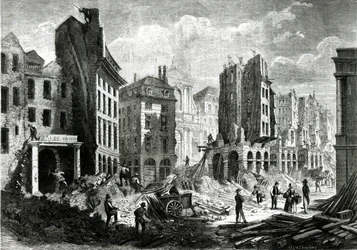 Construction of the Boulevard de Sebastopol, in the Second Empire. View of the demolition of the Rue de la Barillerie in 1859, pub. by Henry Duff Linton